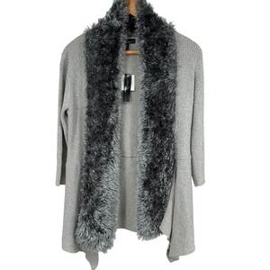 Once Again Faux Fur Trim Ribbed Knit Cardigan Sweater Gray Large